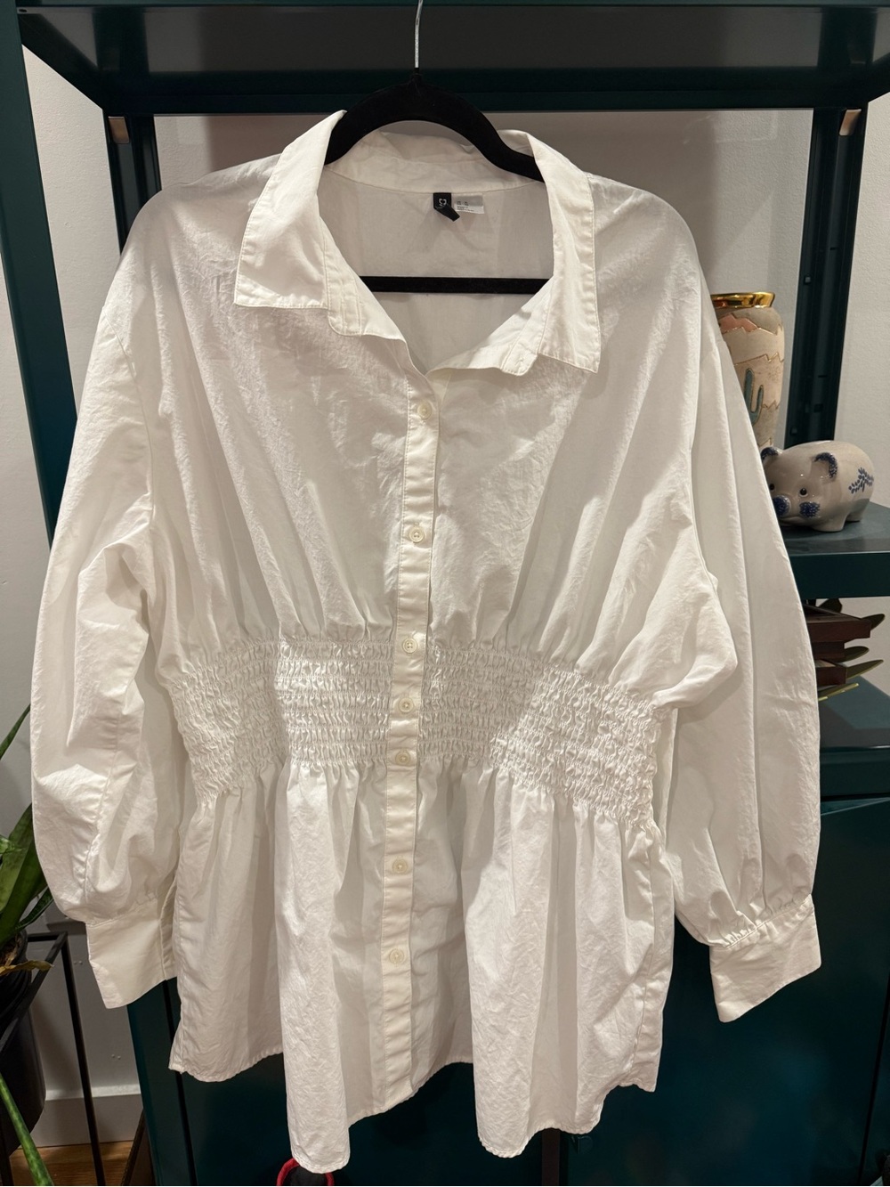 H&M White Button-Front Smocked Waist Blouse